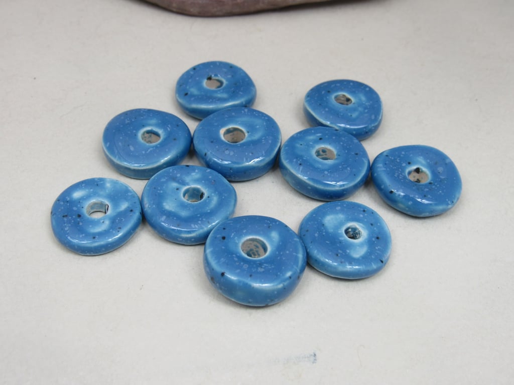 10 Medium Cornflower Blue Glazed Ceramic Washer Beads