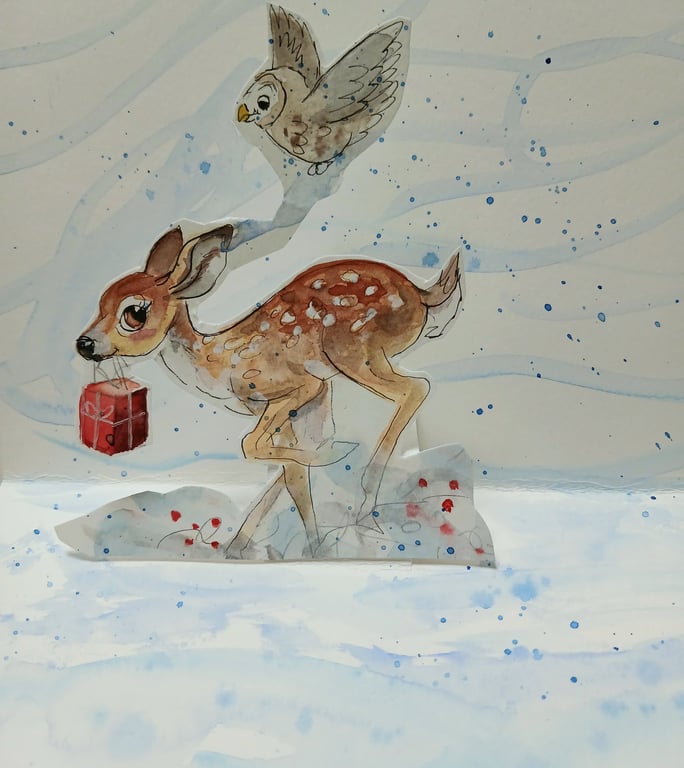 Fawn sprint and owl pop up card