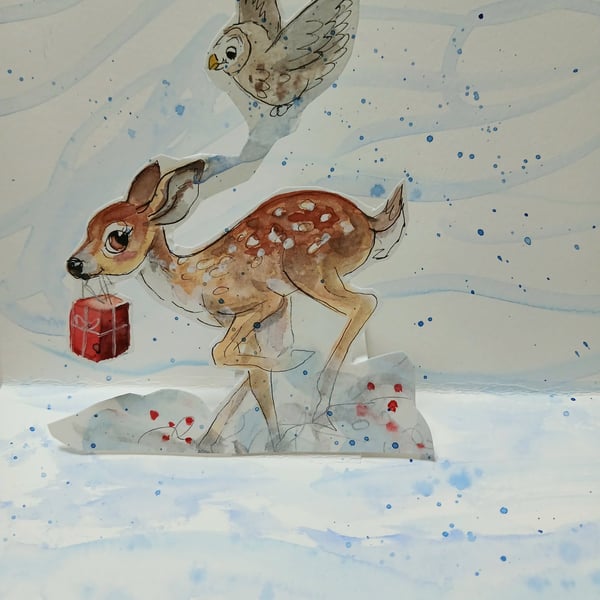 Fawn sprint and owl pop up card