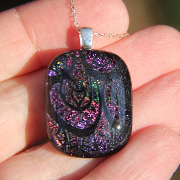 Deep red purple dichroic glass pendant,  fish scale fused glass, SKU F53