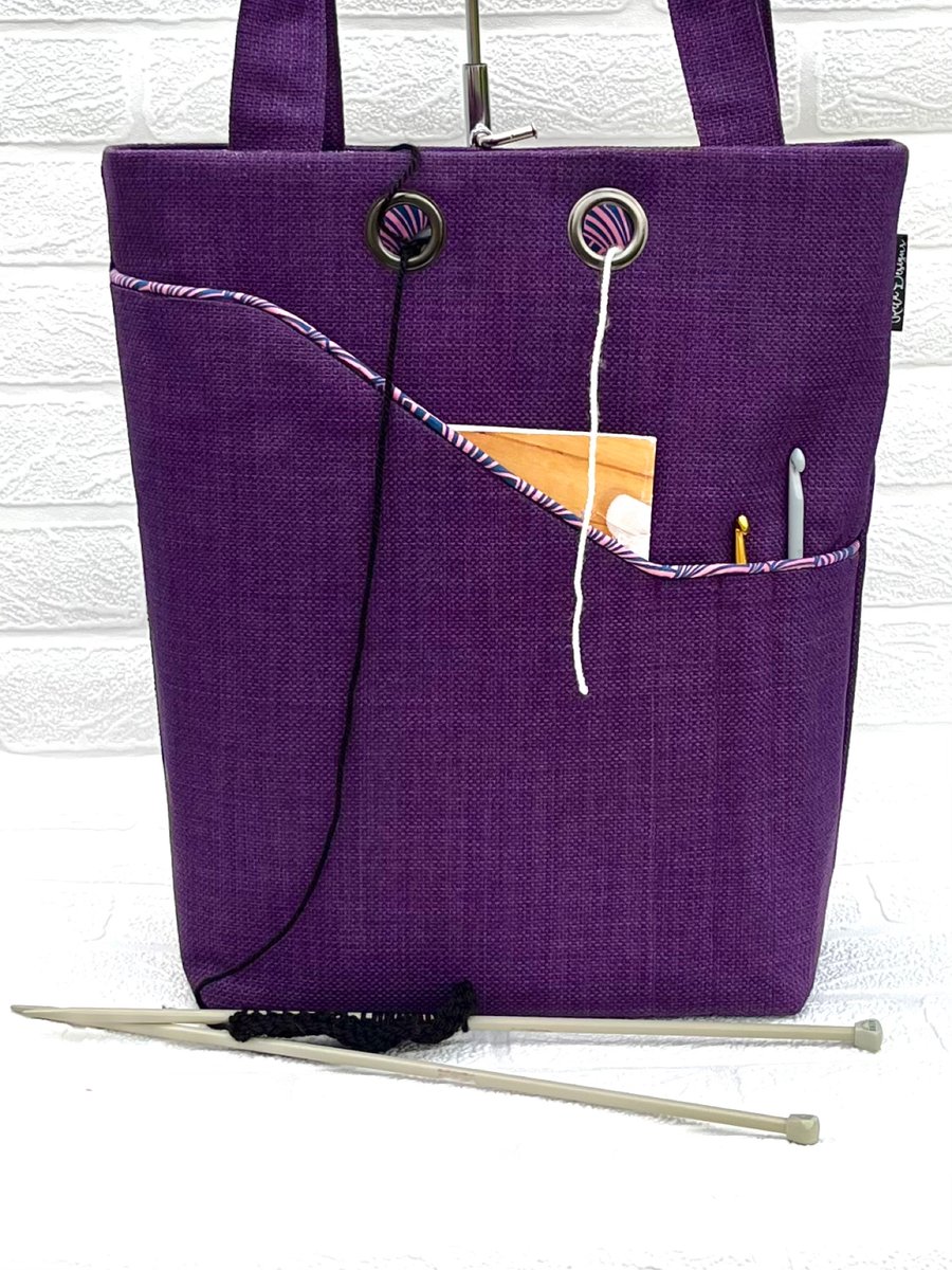 Knitting project bag, purple & pink lining 