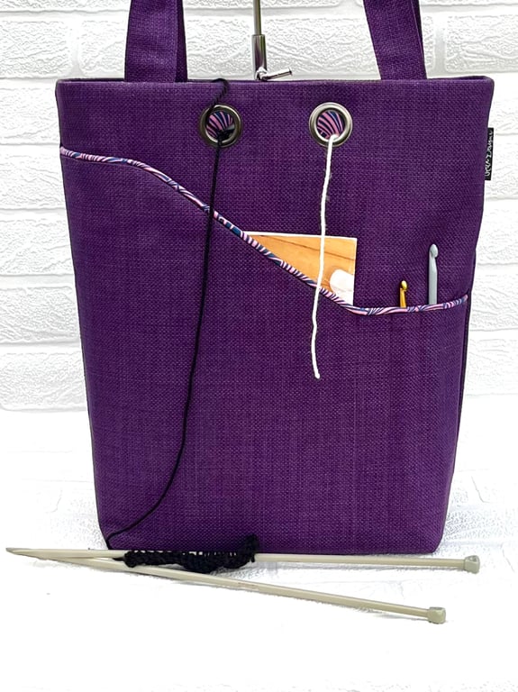 Knitting project bag, purple & pink lining 