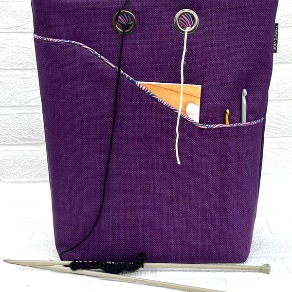 Knitting project bag, purple & pink lining 