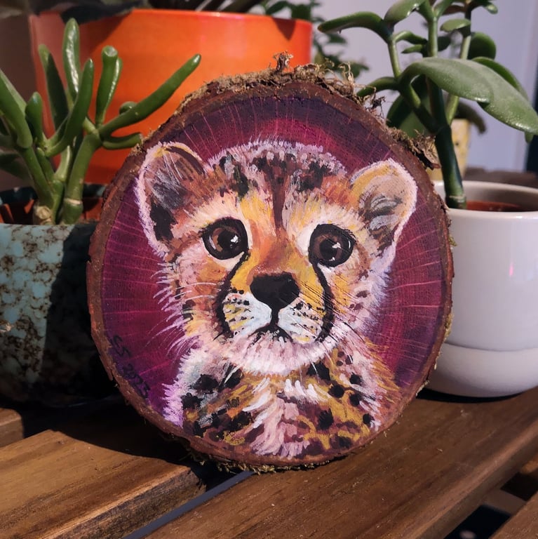 Baby Cheetah - Original Painting on Wood Slice