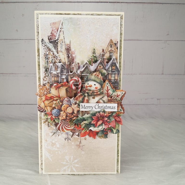 Handcrafted Chrismtas card (35)Festive Snowman & Winter Village Scene