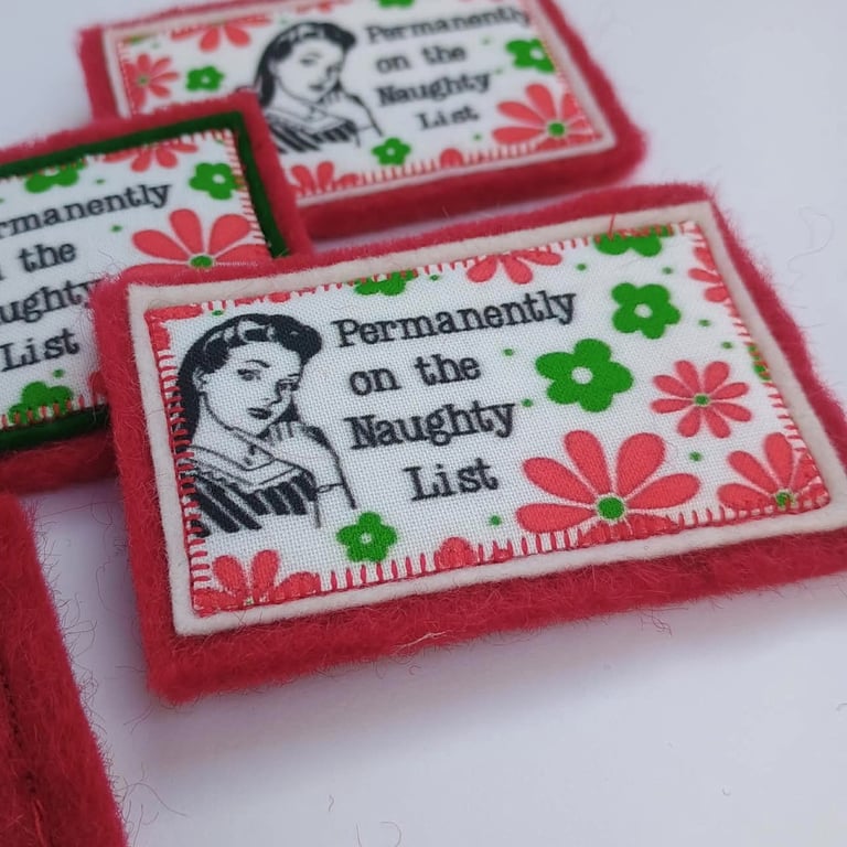 Christmas Brooch Naughty List Retro Woman - Vintage fabric Wool Felt
