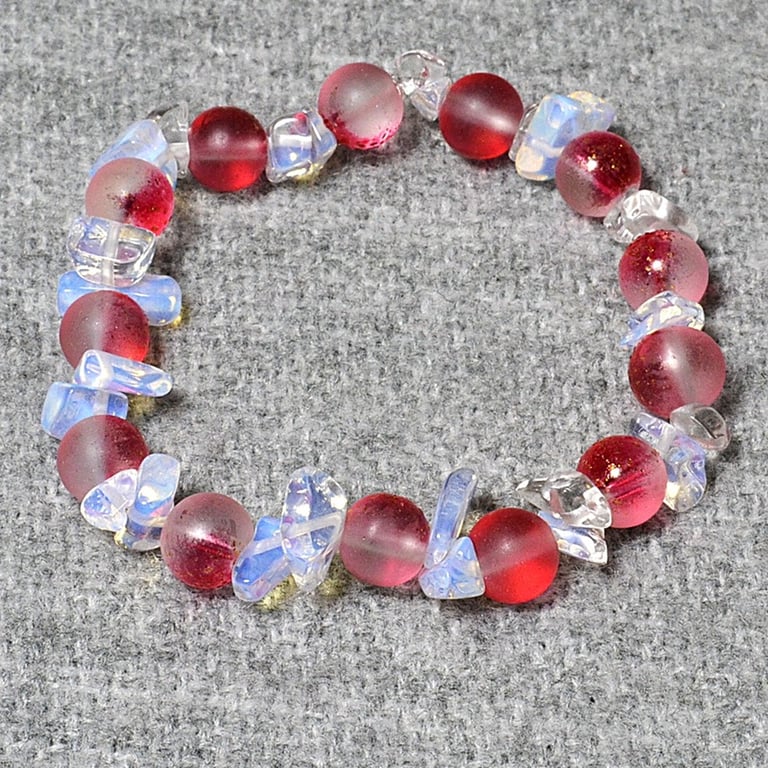 Frosted-Red-Gold Glass Bead and Opalite Chip Elastic Bracelet