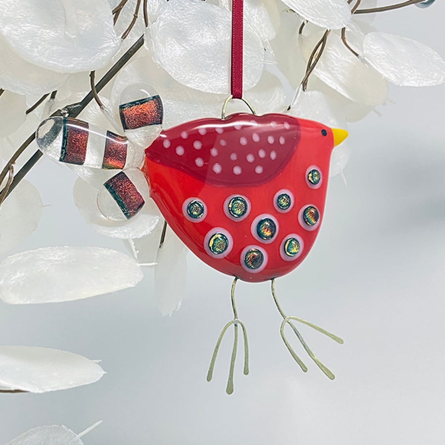 Red Spotty Fused Glass Bird Decoration
