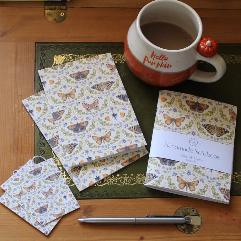 Ogee Butterfly Flower Stationery Set - Handmade Notebook, Cards & Gift Tags