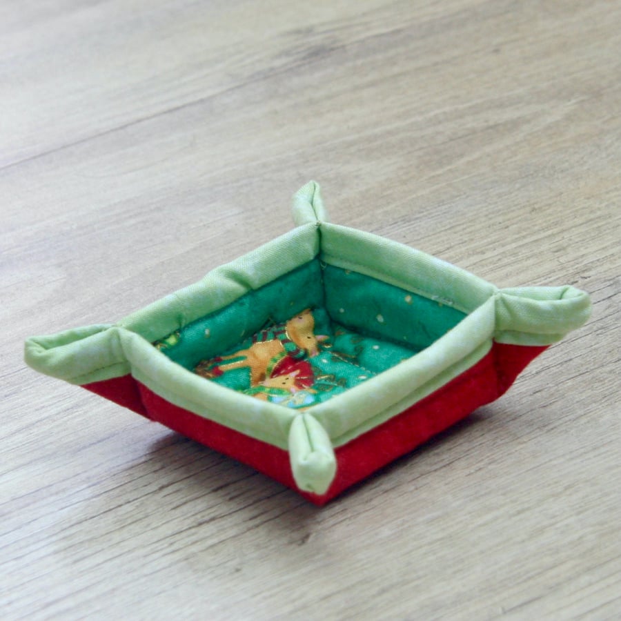 Small Christmas Themed Quilted storage box featuring Snowmen and Reindeer