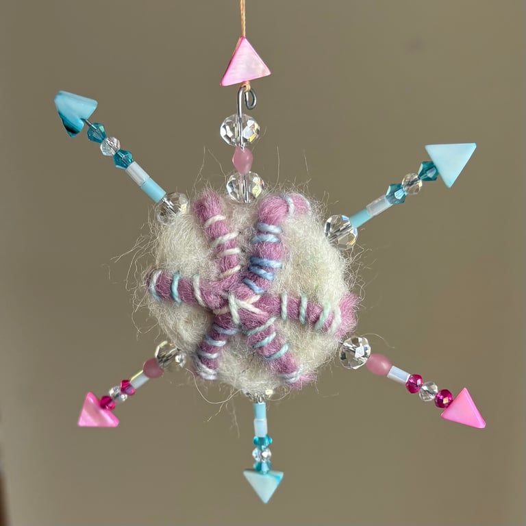 Felted Star Decoration - White, Pink and Blue