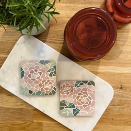 Two Mosaic Coasters : Mixed Pink Roses