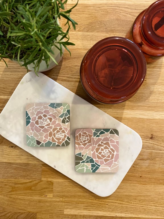 Mosaic Coaster Art Pair -  Mixed Pink Roses