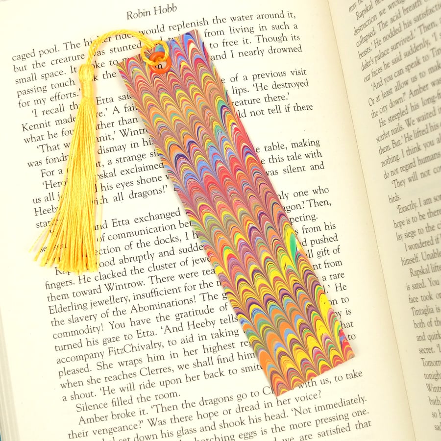 Bright and colourful rainbow nonpareil marbled paper bookmark