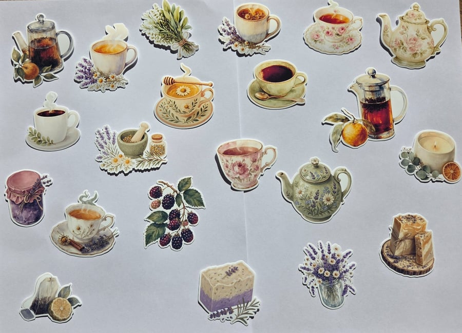 Vintage Tea & Botanical Sticker Set - Cottagecore Tea Stickers - Floral Teacups