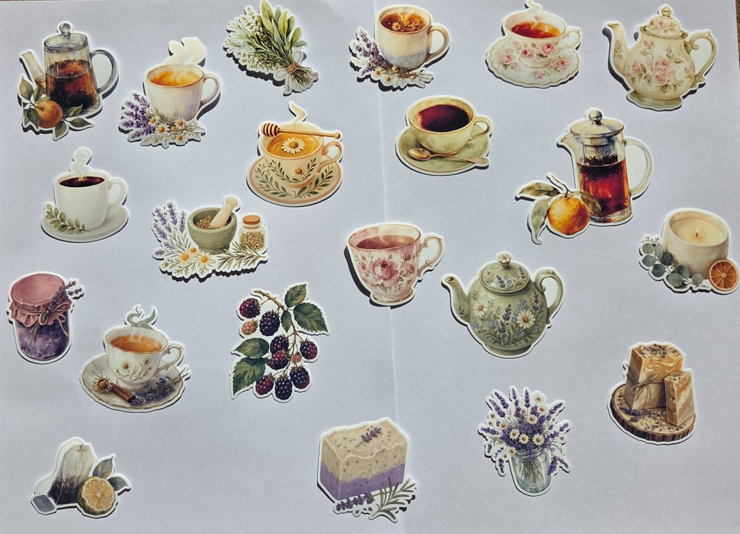 Vintage Tea & Botanical Sticker Set - Cottagecore Tea Stickers - Floral Teacups