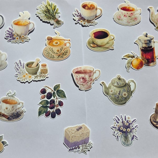 Vintage Tea & Botanical Sticker Set - Cottagecore Tea Stickers - Floral Teacups
