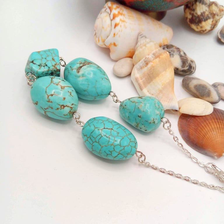 Bracelet with Turquoise Nugget Beads and Chain, Summer Bracelet, Gift for Her