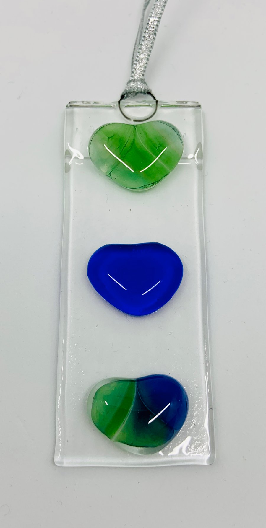 Fused Glass Hanging Sun Catcher featuring hand enamel painted glass hearts