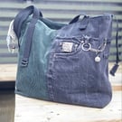 Large Upcycled Denim Tote with Matching Cosmetic Bag – Handmade Eco Han