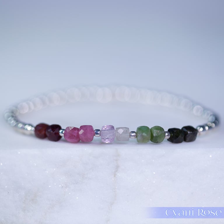 Multi tourmaline sterling silver stretchy bracelet protection and grounding