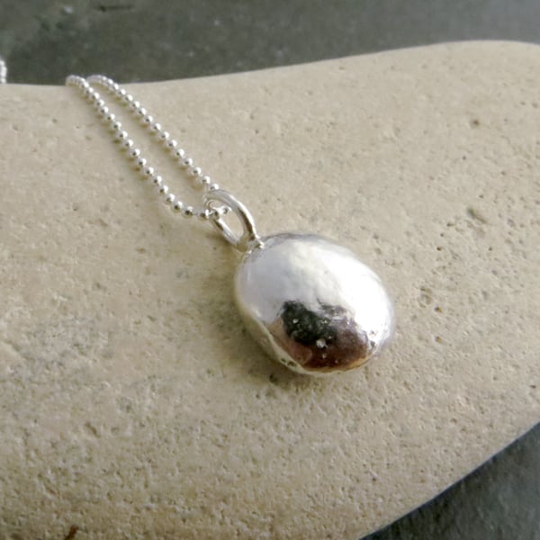 Recycled silver pebble pendant, Chunky silver nugget necklace