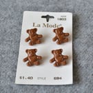 DESTASH: 4 Vintage La Mode Brown Plastic Teddy Bear Buttons on Original Card 