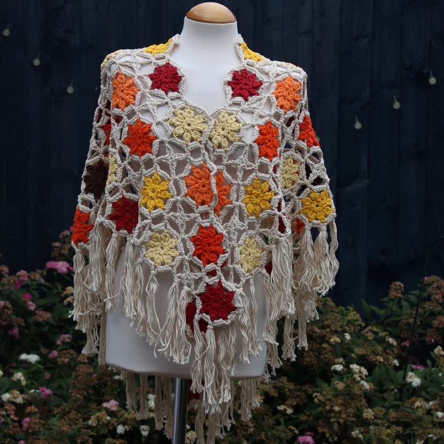 Ecru and Autumn colours aran weight cotton crochet shawl - design A447
