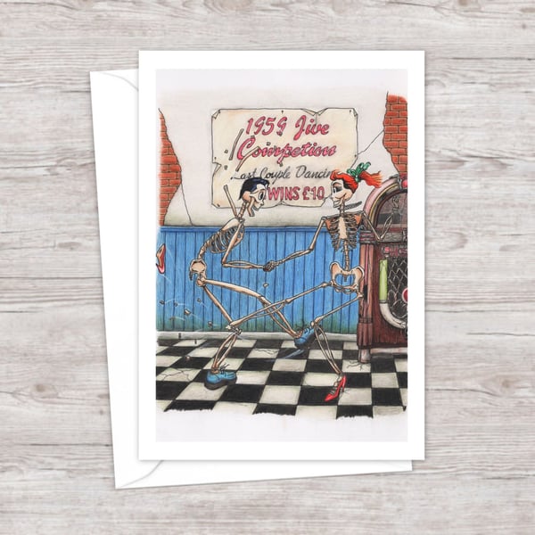Dancing Skeletons Greeting Card:  Fun Cartoon Art for Any Occasion (504)