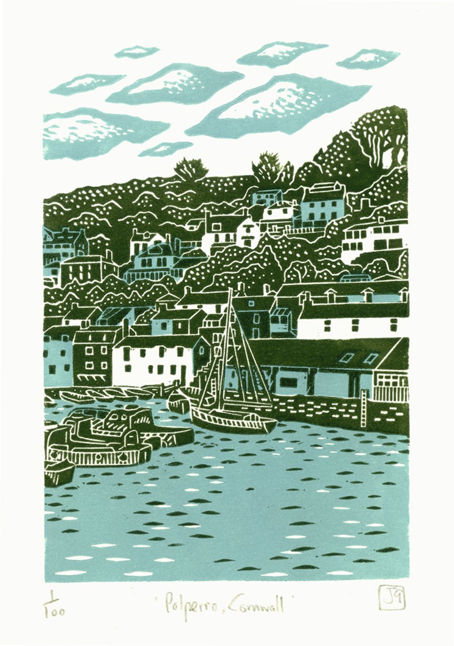 Polperro, Cornwall two-colour linocut print