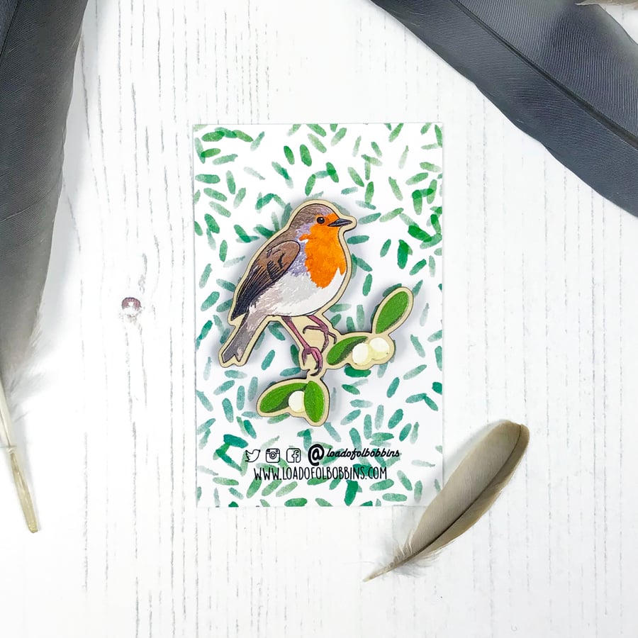 Robin and Mistletoe Wooden Illustrated Brooch