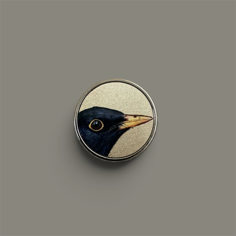 Miniature Blackbird Pin Badge - 1" Silver Metal Brooch - Justine Williams Art