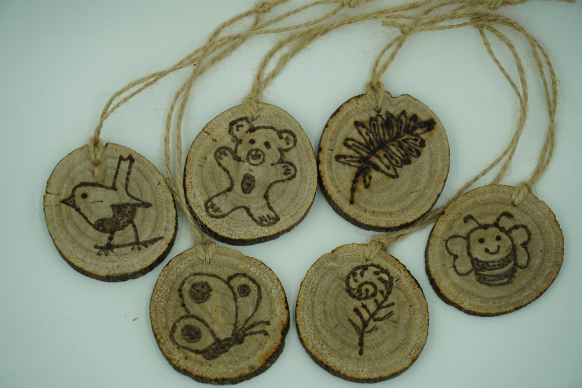 Unique Hand Crafted Double-Sided Wooden Hanging Decorations. Set of Six.