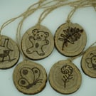 Unique Hand Crafted Double-Sided Wooden Hanging Decorations. Set of Six.