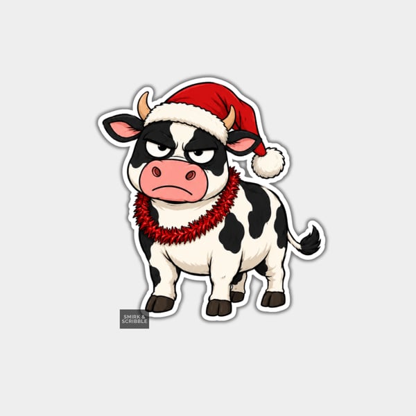 Unique Funny Christmas Sticker Xmas Decal - Grumpy Cow In Santa Hat