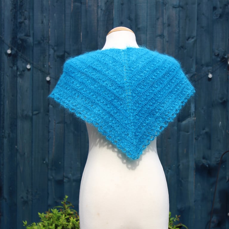 Pretty triangular lace shawl in vintage Kingfisher Blue mohair - design A516