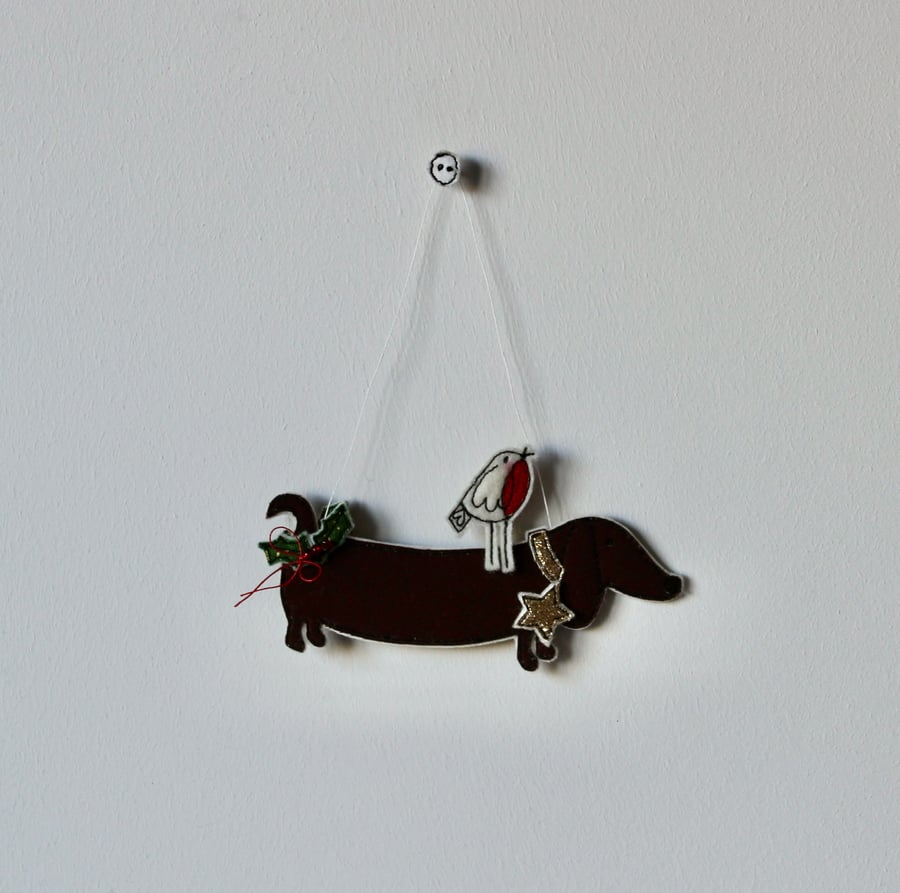 Special Order for Lisa - 'Sausage Dog with a Robin' - Hanging Decoration