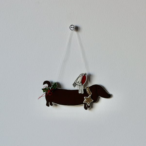 Special Order for Lisa - 'Sausage Dog with a Robin' - Hanging Decoration