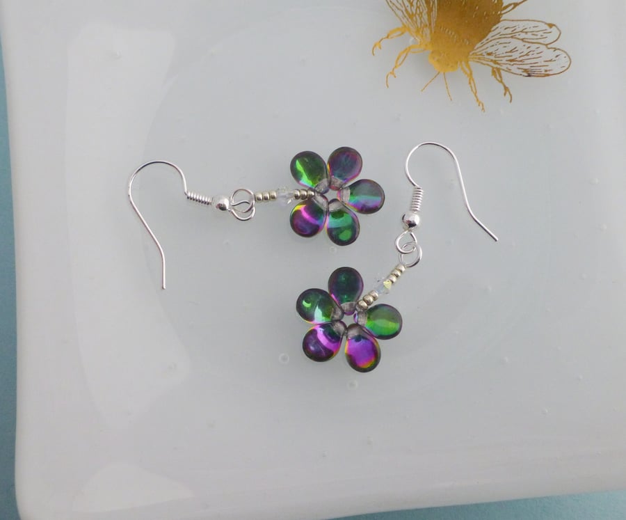 Funky Green and Purple Dainty Flower Drop Earrings 