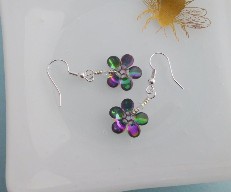 Funky Green and Purple Dainty Flower Drop Earrings 