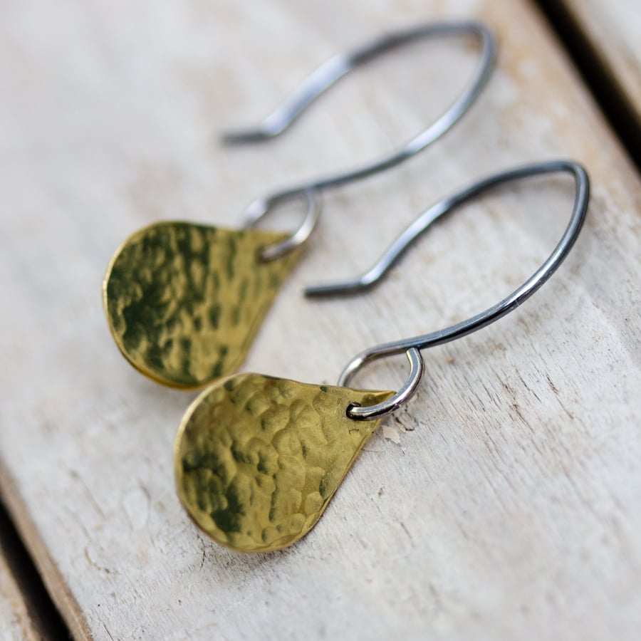 Medium Hammered Brass Teardrop & Recycled Sterling Silver Drop Earrings