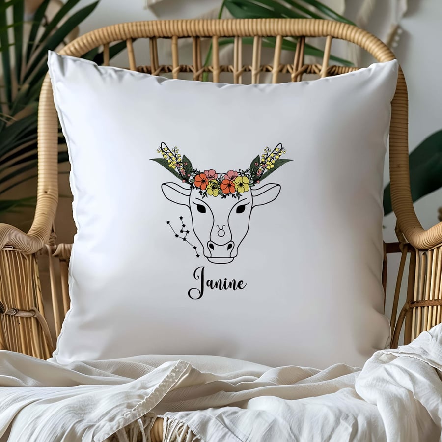 Taurus Starsign Cushion Cover Floral Design Unique Personalised Zodiac Birthday 