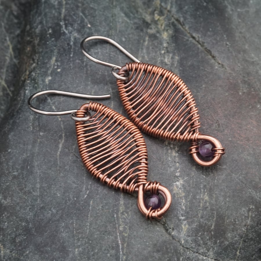 Copper Wire Weave Leaf Earrings with Amethyst Beads