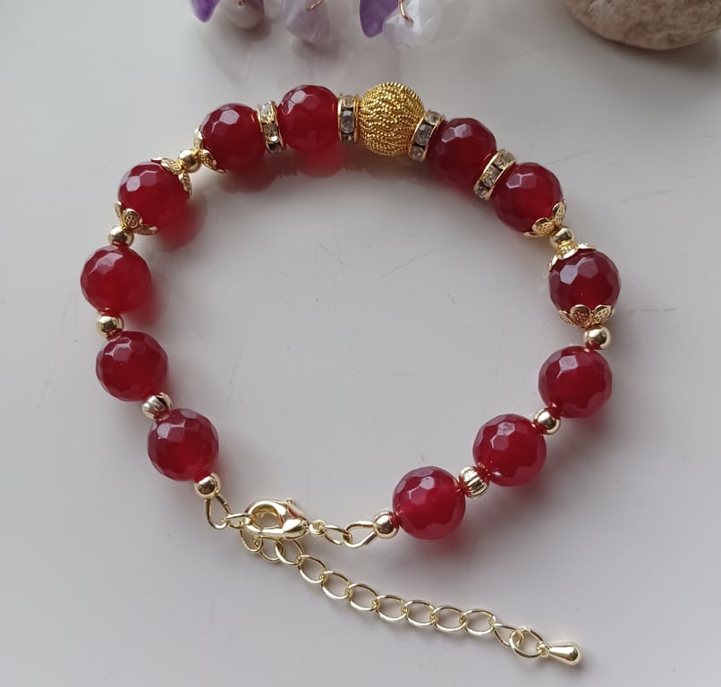 Ruby beaded bracelet for women with adjustable chain, gift for her