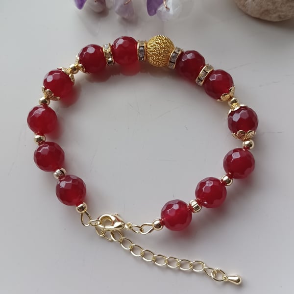 Ruby beaded bracelet for women with adjustable chain, gift for her