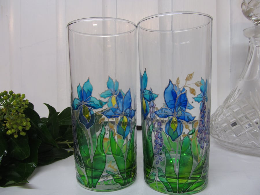 Hand Painted Glasses (Set of 2) - Blue Iris (Free Postage)