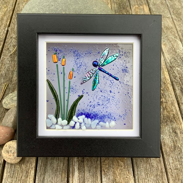 Dragonfly and Bullrushes Fused Glass Framed Picture