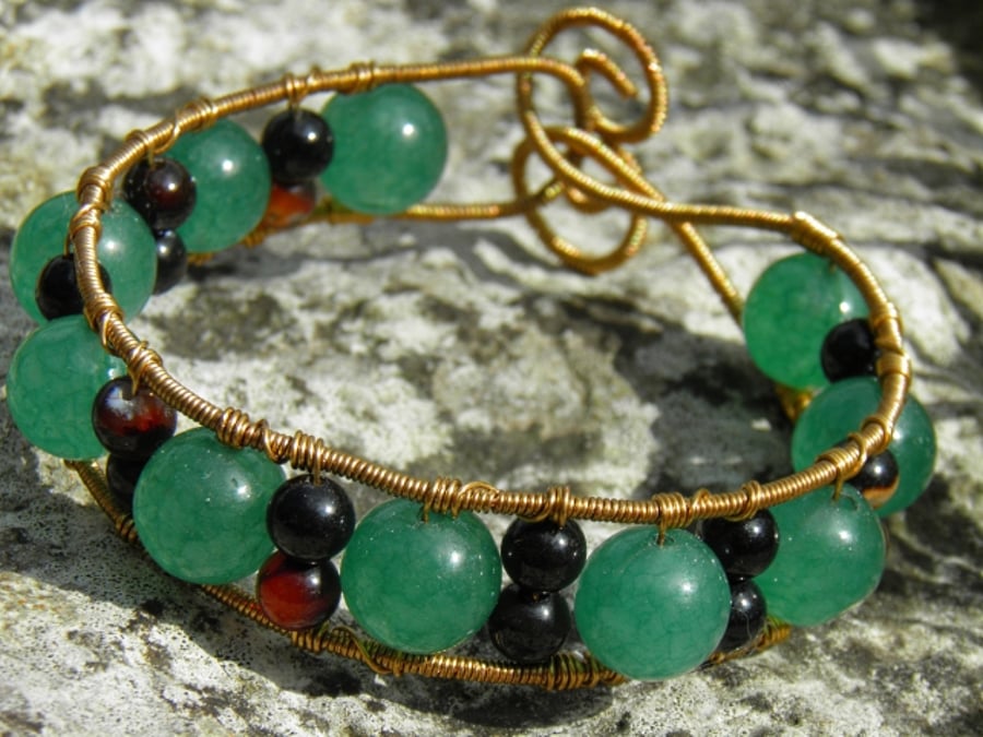 Aventurine and Agate Wire Wrapped Copper Bracelet