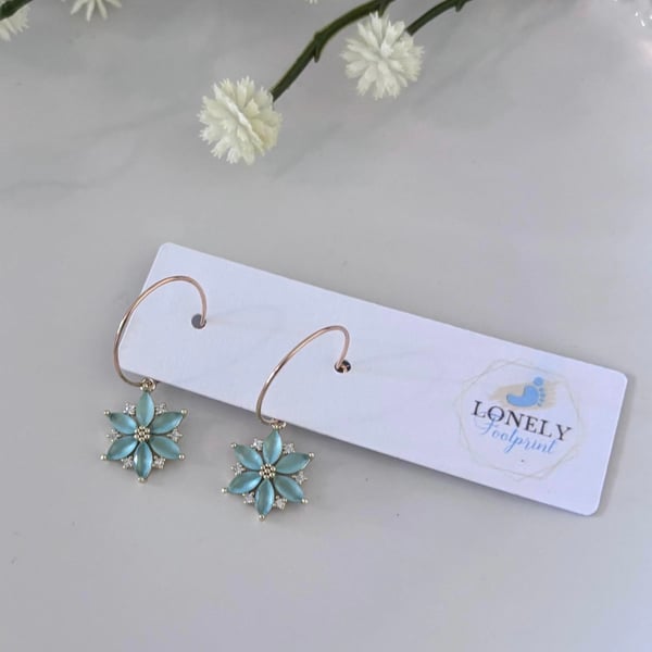 Green Crystal Flower Hoop Earrings, Charm Earrings, Handmade Jewellery 