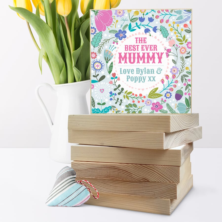 Summer Flowers Personalised Wooden Picture Block